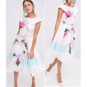 TED BAKER Bromlie Fit & Flare Flowy Dress Pink Magnolia Print TB Sz 4 is US 8-10